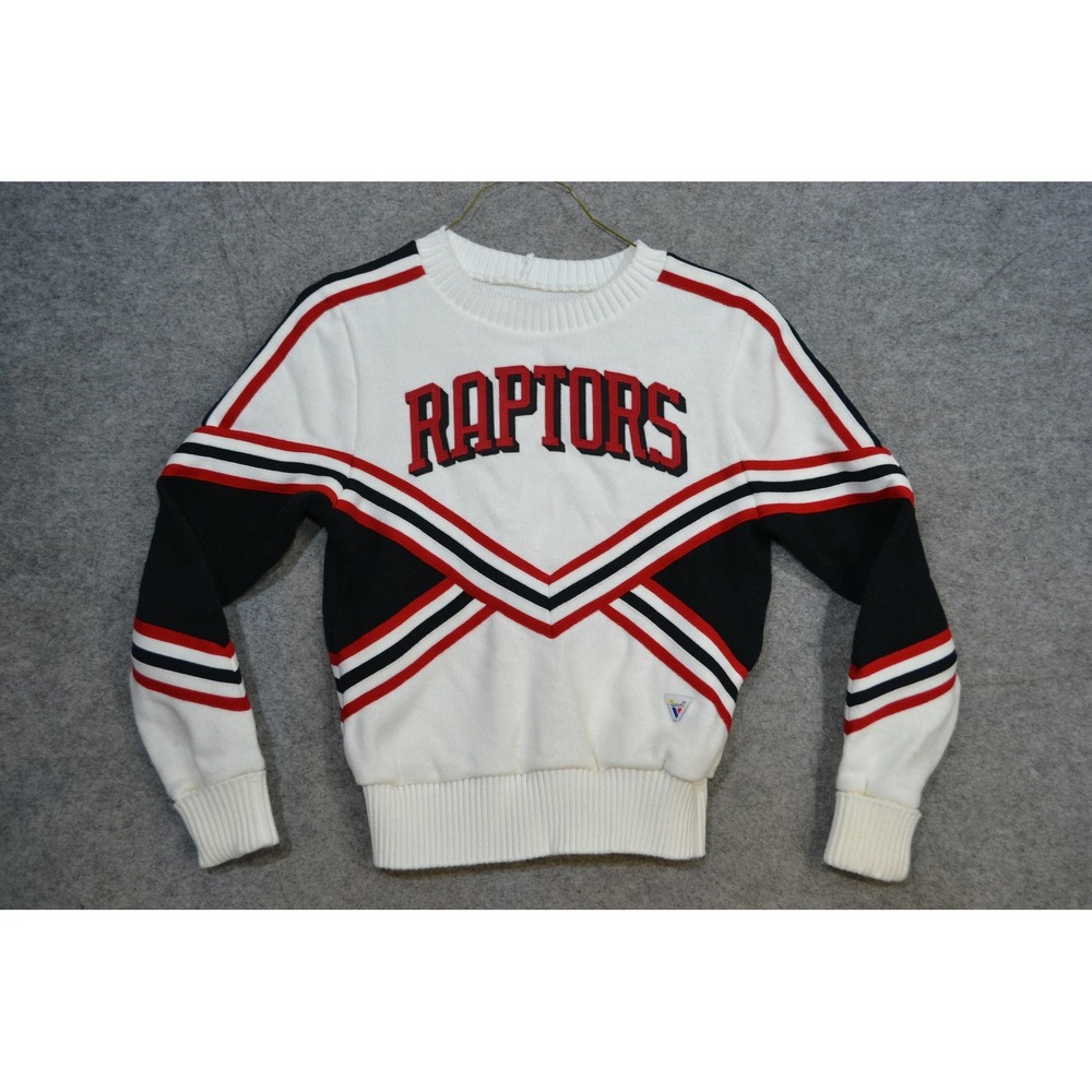 VTG Varsity Raptors Sweater Womens 36 White Black Red Cheer Acrylic Made USA